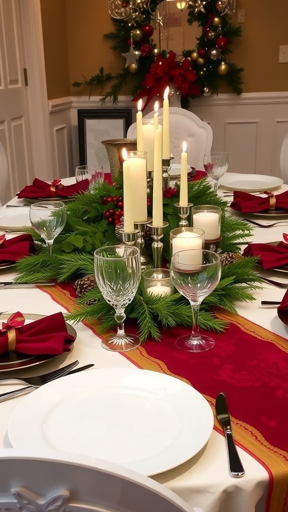 An elegant Christmas table setting on an oval table with candles, greenery, and festive decorations.